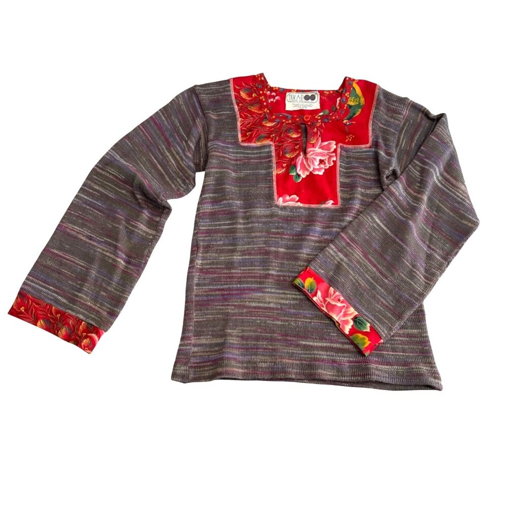 HUKAPOO Women's Sweater M Wool Blend Floral Knit Pullover Vintage 70s Boho Asian